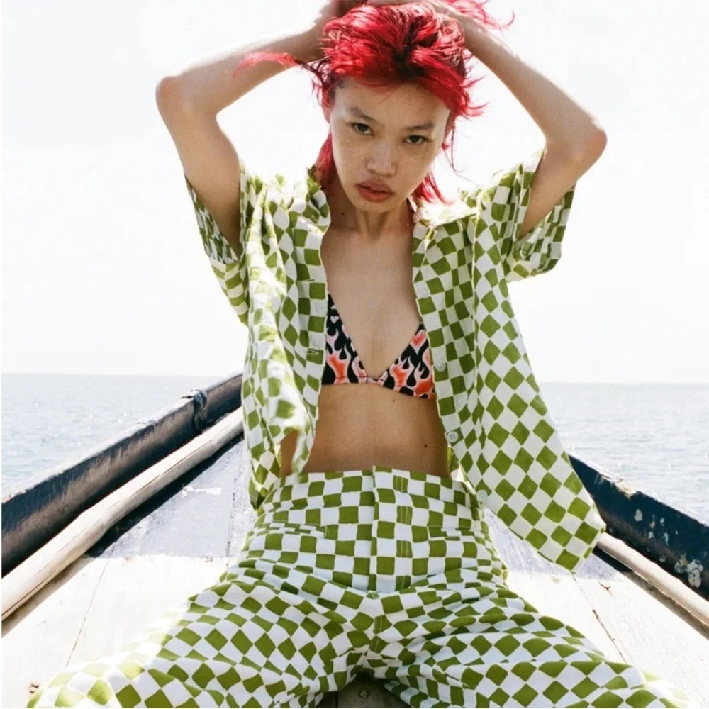 EMMA MULHOLLAND on Holiday Check Kokomo Pant Olive Zip Closure 100% Cotton  L‎